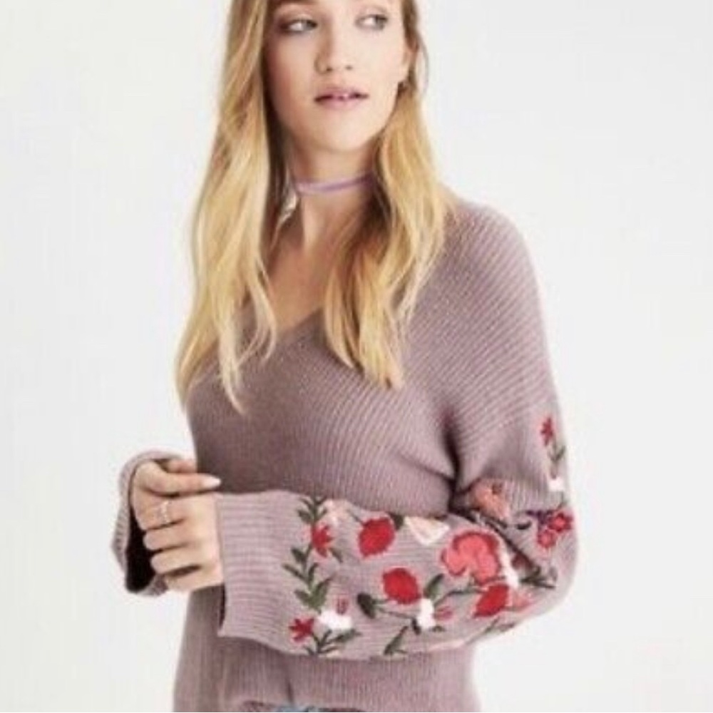 American Eagle Embroidered Floral V Neck Sweater